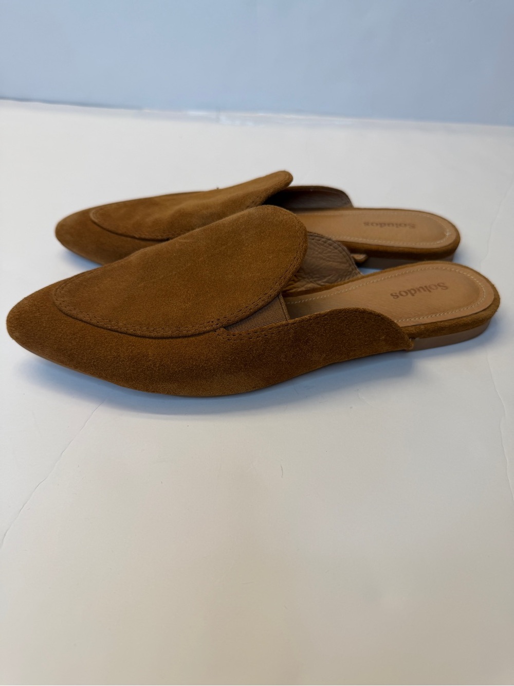 Suade Backless Slip-On Mules in Brown by Soludos size 7.5 comfy shoes